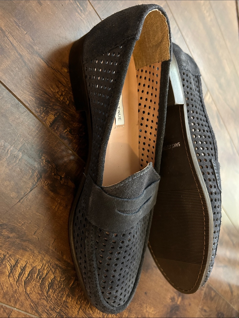 Saks Fifth Avenue Navy Suede Perforated Penny Loafers - Picture 3 of 5